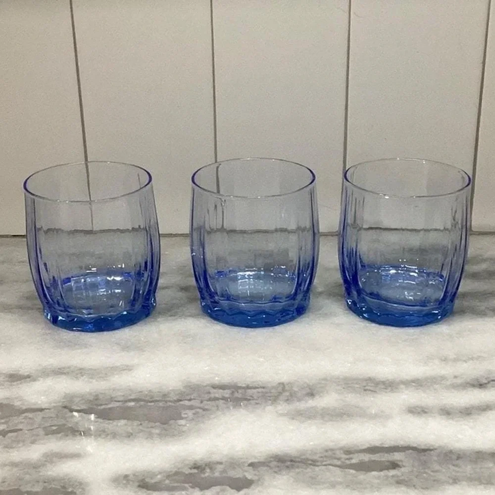 Oneida Valor Blue Juice‎ Glasses, Set of 3, Vintage Pasabahce Ribbed Tumblers